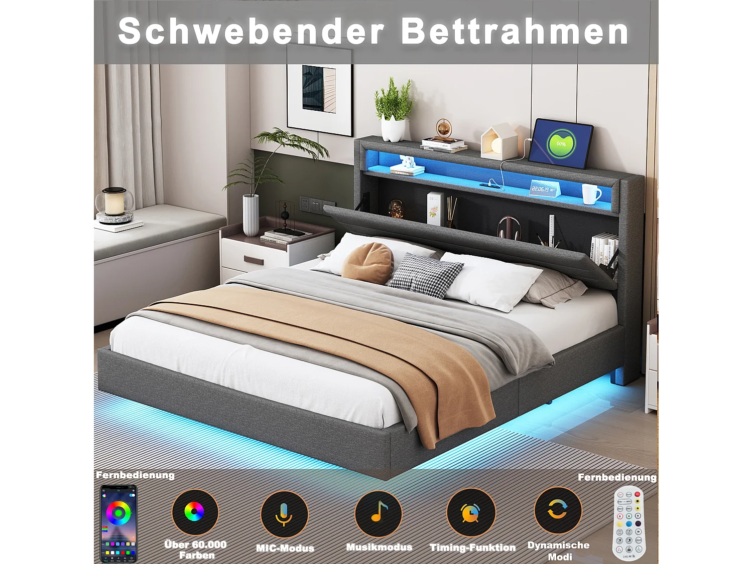 Cama acolchoada para adulto 180 x 820 cm, sem cabeceira, com faixa LED (monocromática), base com suspensão hidráulica, bege.