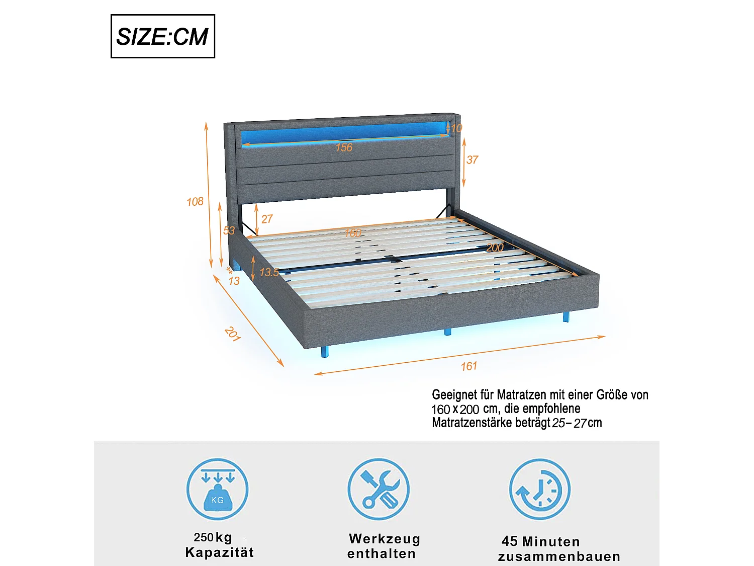 Cama acolchoada para adulto 180 x 820 cm, sem cabeceira, com faixa LED (monocromática), base com suspensão hidráulica, bege.