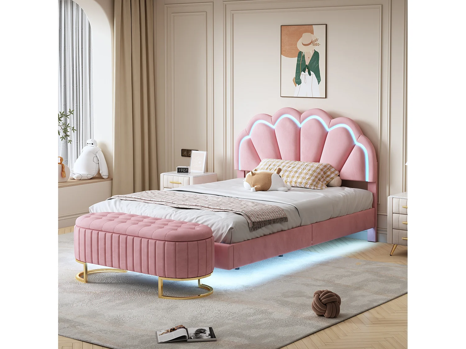 Cama acolchoada para adulto 180 x 1234 cm, sem cabeceira, com faixa LED (monocromática), base com suspensão hidráulica, bege.