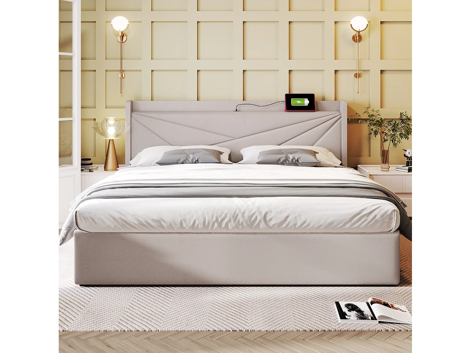 Lit rembourré 180x200, double boîte de rangement avec fonction de chargement USB type C, cadre en lin (sans matelas)