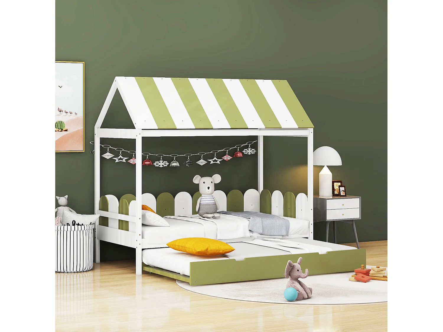 Lit enfant en toile 90x190cm avec lit gigogne, lit en bois massif avec toit et dossier, cadre à lattes, vert