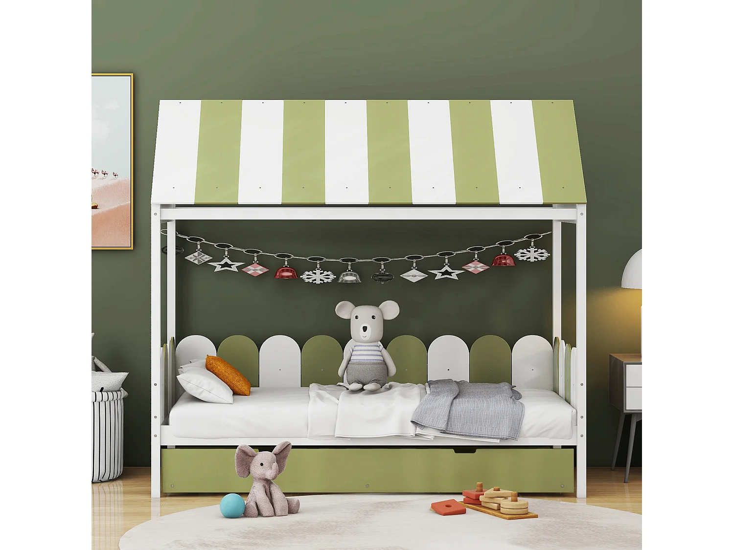 Lit enfant en toile 90x190cm avec lit gigogne, lit en bois massif avec toit et dossier, cadre à lattes, vert