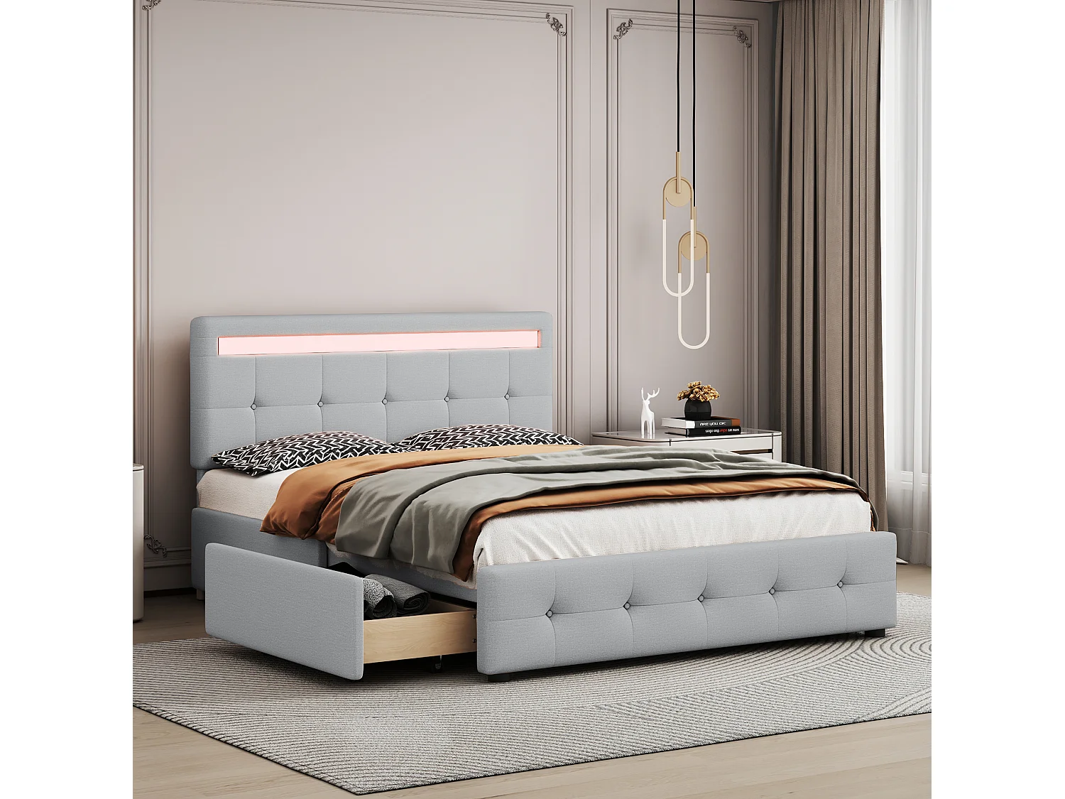 Cama acolchoada para adulto 180 x 1236 cm, sem cabeceira, com faixa LED (monocromática), base com suspensão hidráulica, bege.