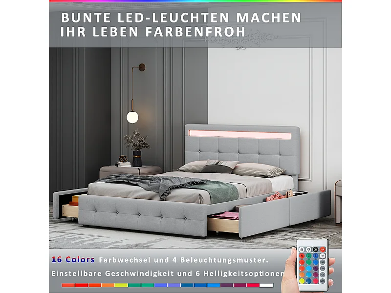 Cama acolchoada para adulto 180 x 1236 cm, sem cabeceira, com faixa LED (monocromática), base com suspensão hidráulica, bege.