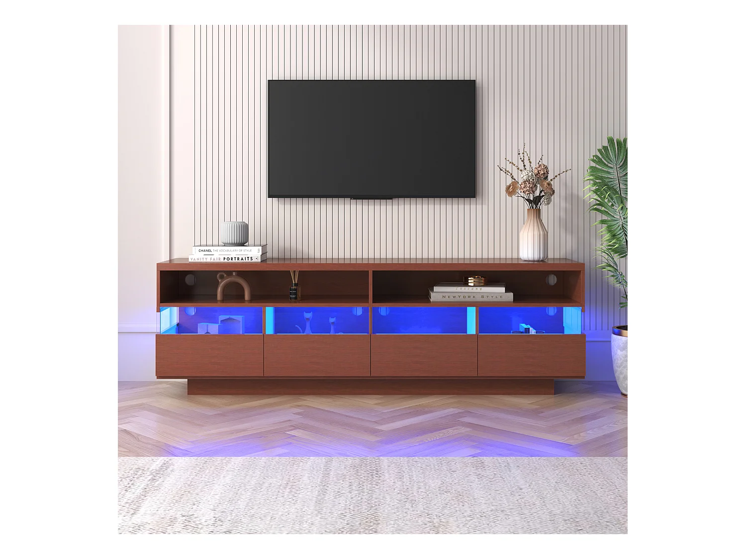 Meuble TV en bois, panneau bas avec éclairage LED, deux compartiments et quatre grands tiroirs