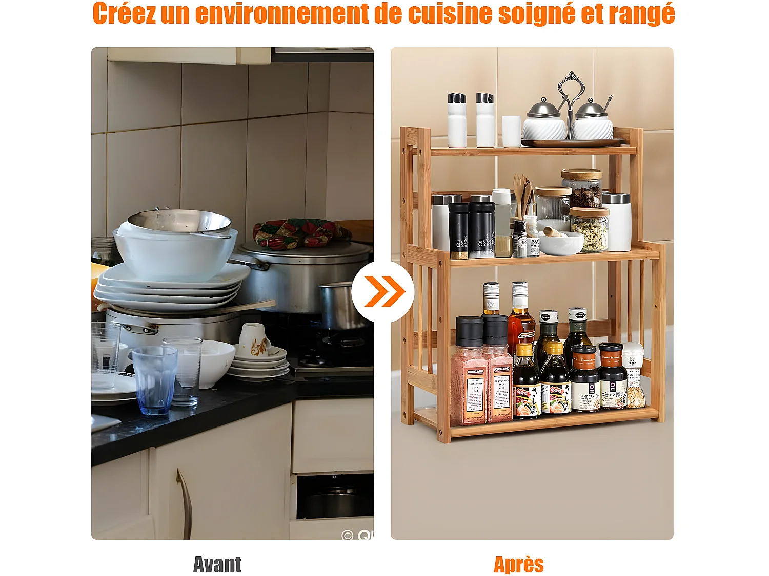 Etagère à épices en bambou, porte-épices à 3 niveaux hauteur réglable, 41,5 x 18 x 50 cm