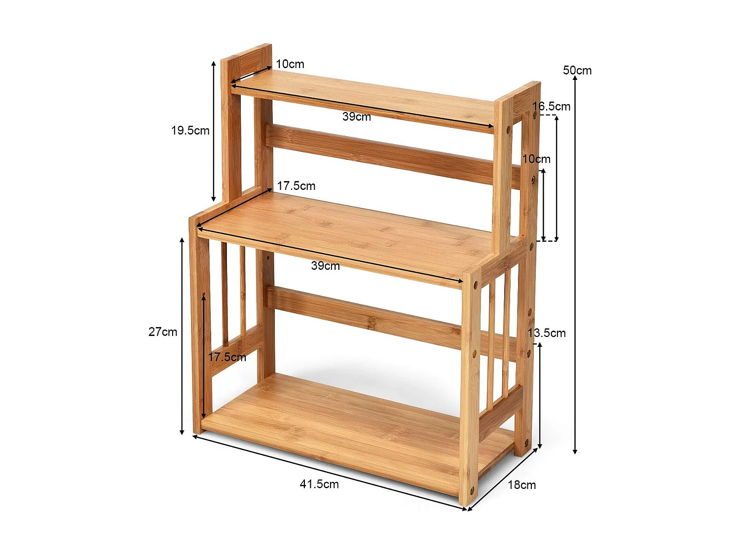 Etagère à épices en bambou, porte-épices à 3 niveaux hauteur réglable, 41,5 x 18 x 50 cm