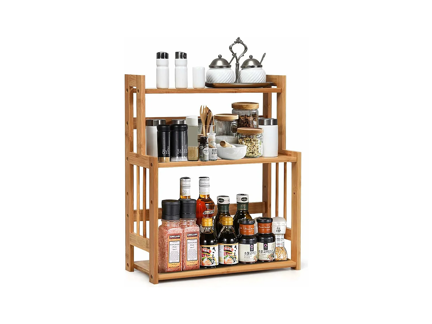 Etagère à épices en bambou, porte-épices à 3 niveaux hauteur réglable, 41,5 x 18 x 50 cm