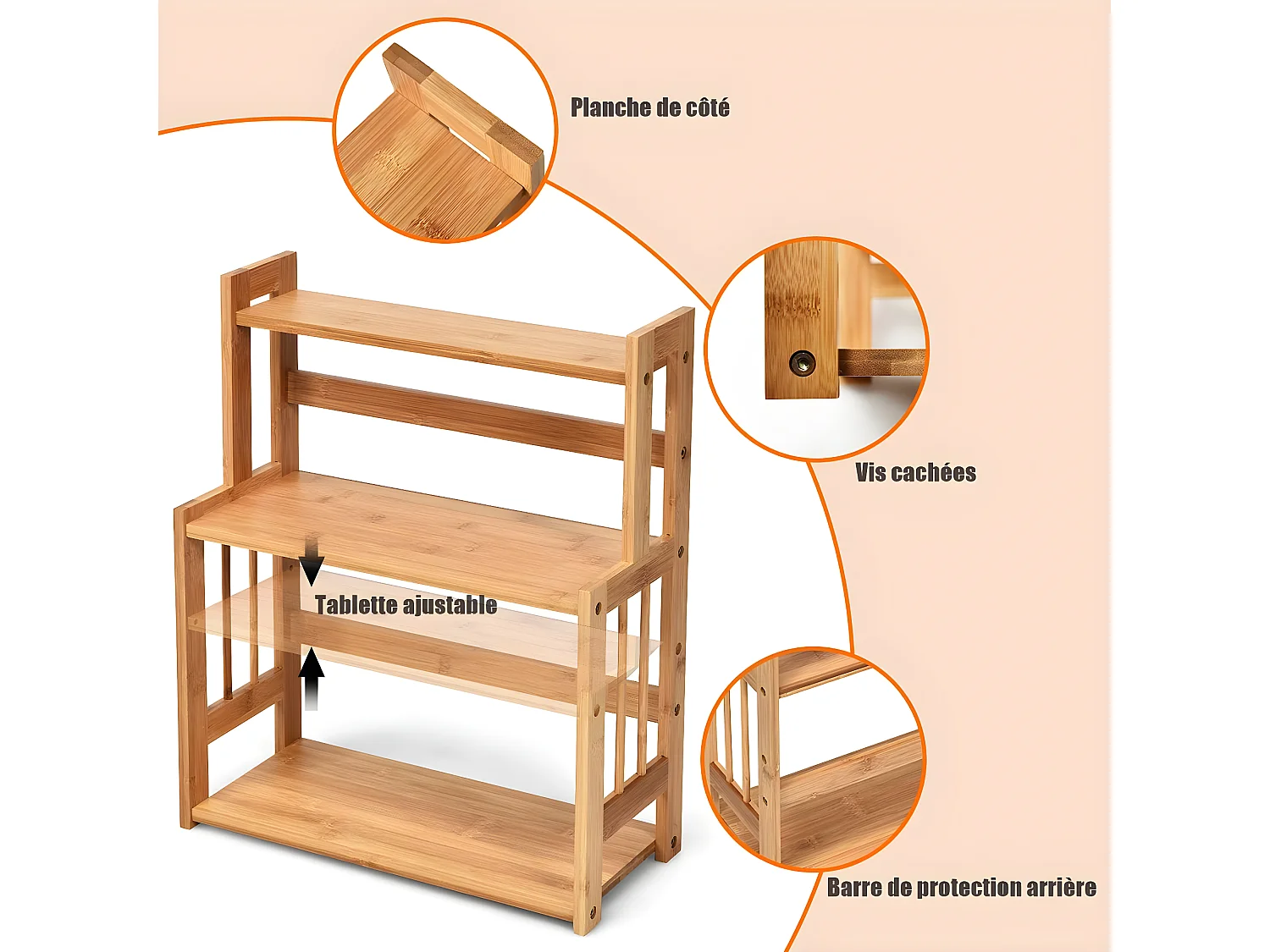 Etagère à épices en bambou, porte-épices à 3 niveaux hauteur réglable, 41,5 x 18 x 50 cm