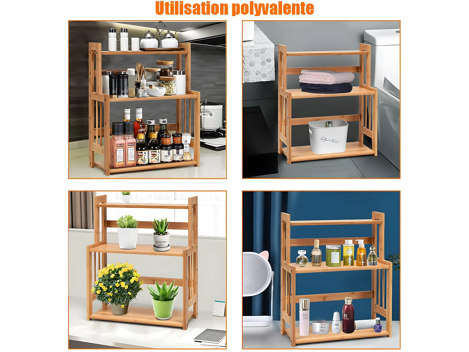 Etagère à épices en bambou, porte-épices à 3 niveaux hauteur réglable, 41,5 x 18 x 50 cm