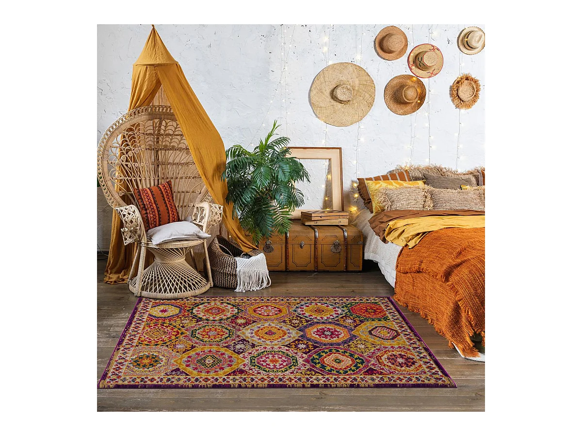 Tapis oriental 200x280 rectangle rouge et jaune tissé motif ethnique PECHA