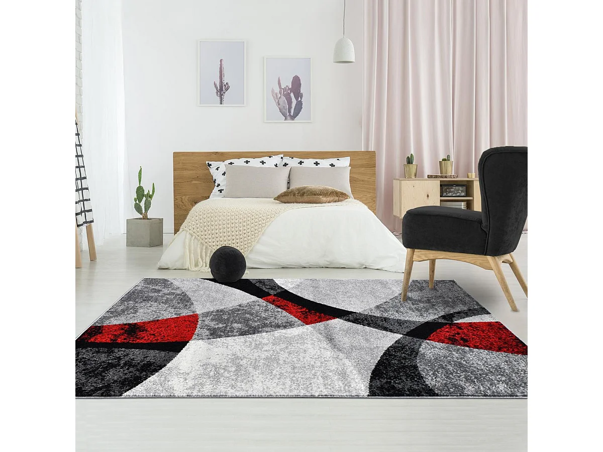 tapis salon 200x280 tissé rouge et gris rectangle motif géométrique RADULE