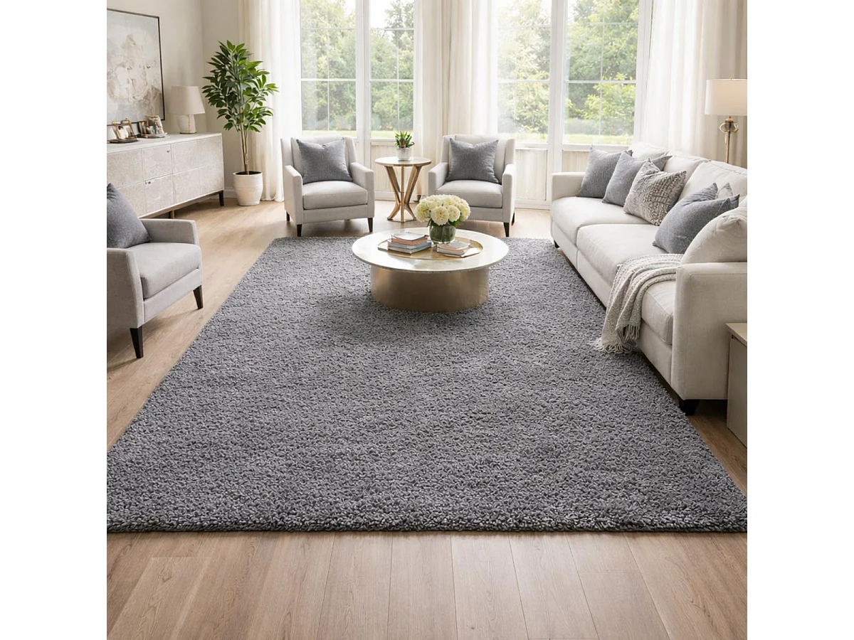Tapis poils longs shaggy 140x200 rectangle tissé gris motif uni UNI L