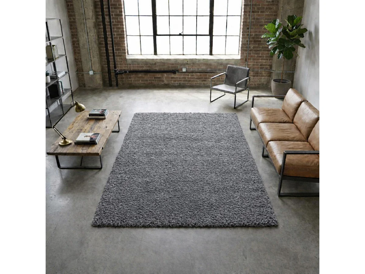 Tapis poils longs shaggy 140x200 rectangle tissé gris motif uni UNI L