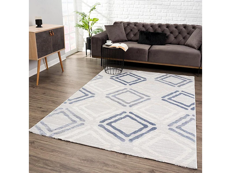 tapis salon 200x280 tissé gris clair et bleu rectangle motif géométrique DOUCA