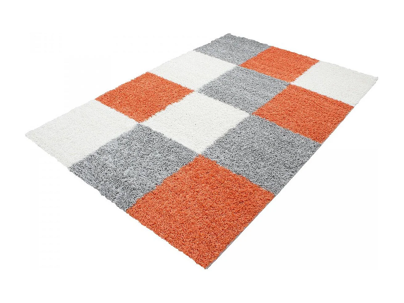 Tapis poils longs shaggy 80x250 rectangle tissé orange et gris motif damier