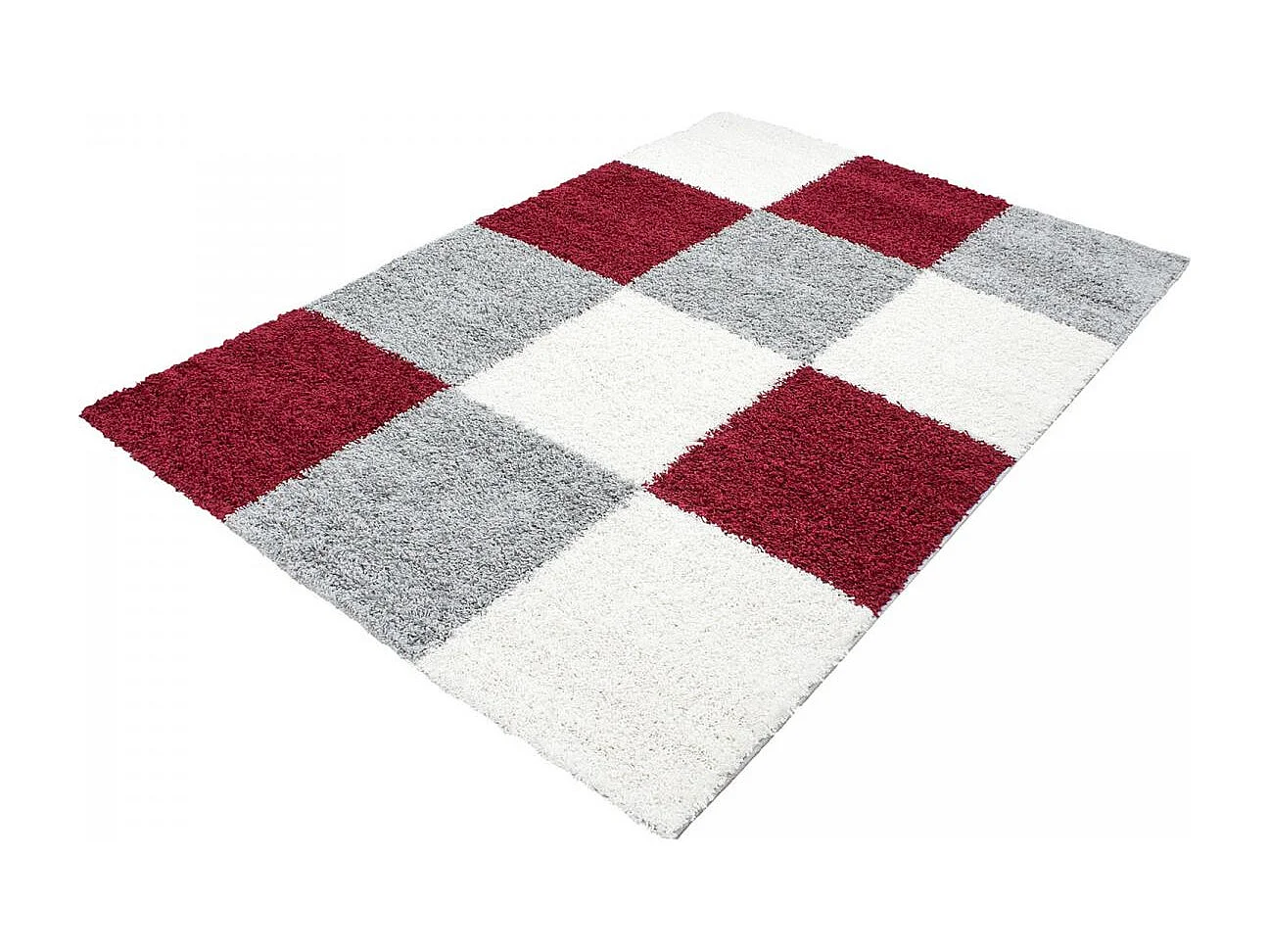 Tapis poils longs shaggy 120x170 rectangle tissé rouge et gris motif damier