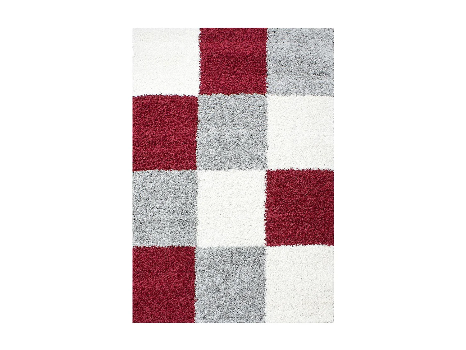Tapis poils longs shaggy 120x170 rectangle tissé rouge et gris motif damier