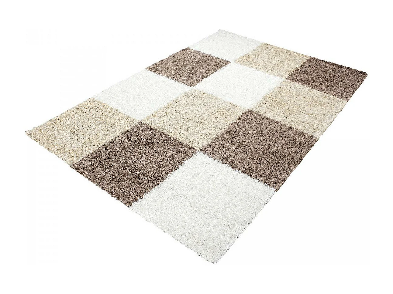 Tapis poils longs shaggy 160x230 rectangle tissé beige et marron motif damier