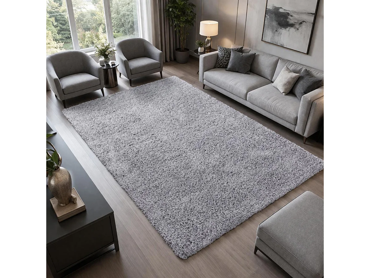 Tapis poils longs shaggy 200x290 rectangle tissé gris motif uni UNI L