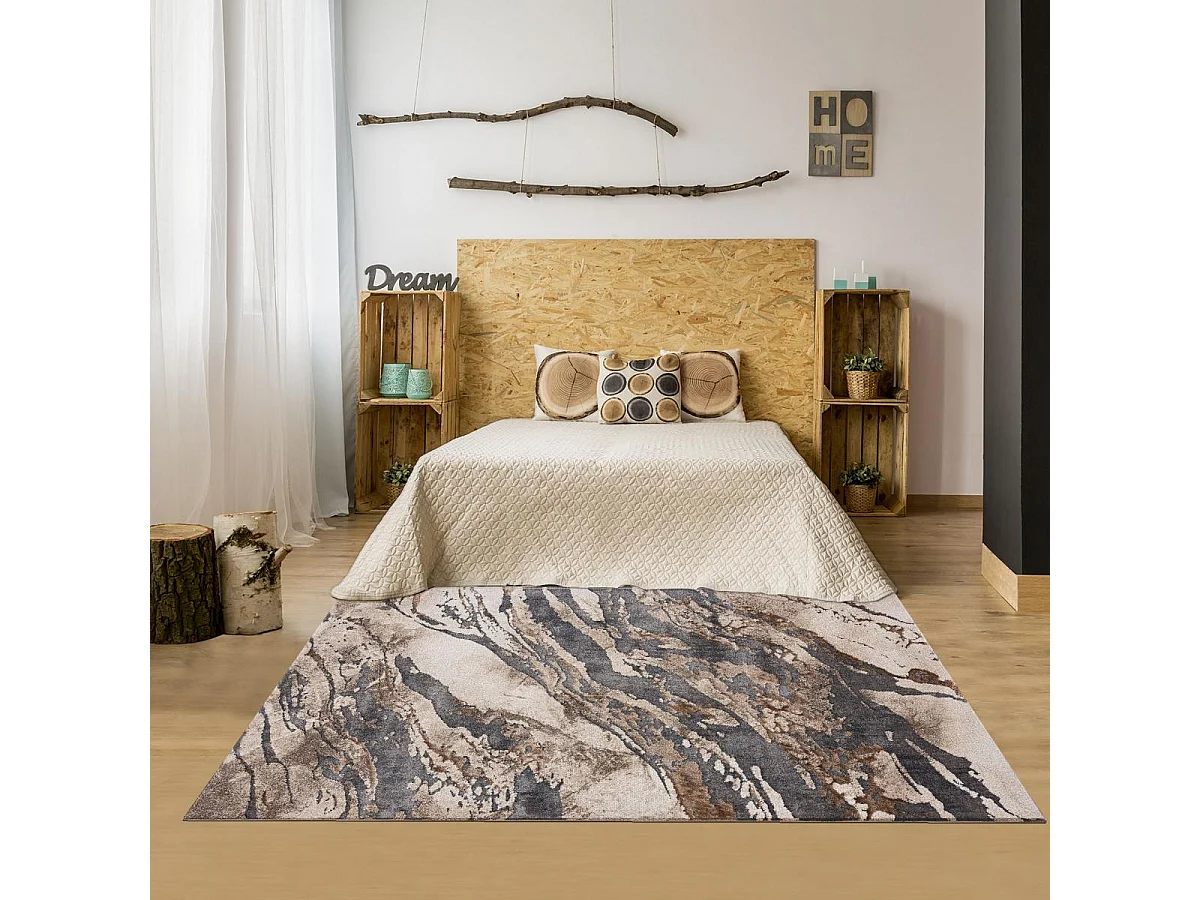 tapis salon 200x290 tissé beige et marron rectangle motif géométrique LINECOU