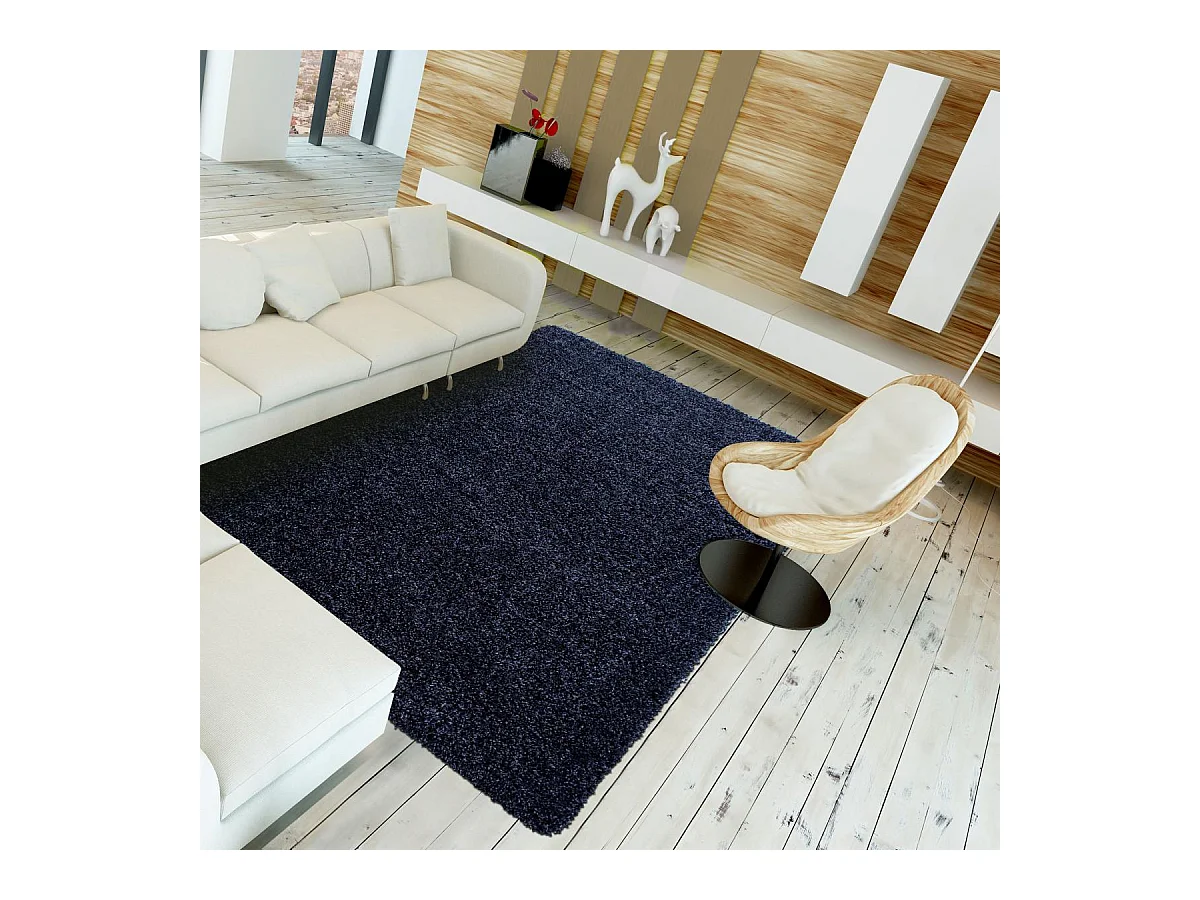 Tapis poils longs shaggy 80x250 rectangle tissé bleu marine motif uni UNI L