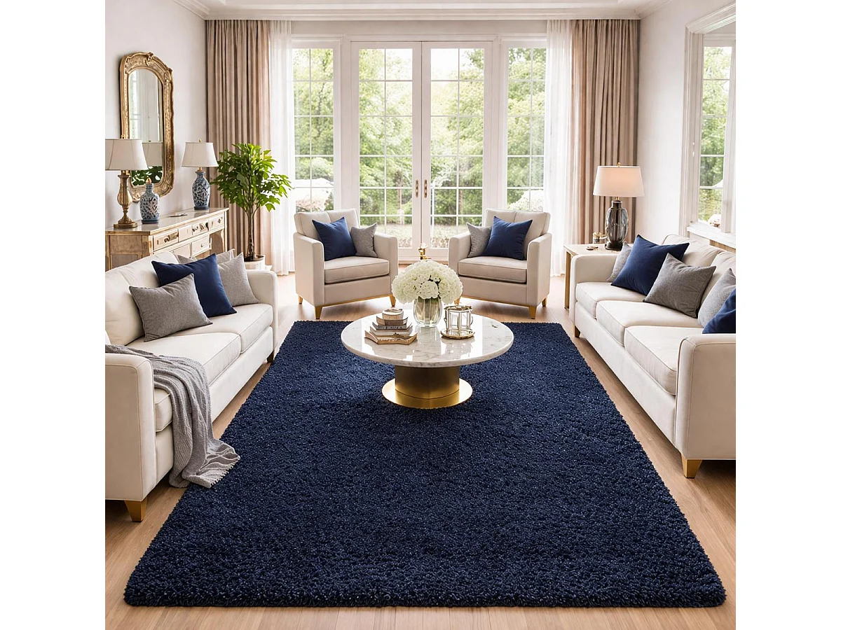 Tapis poils longs shaggy 80x250 rectangle tissé bleu marine motif uni UNI L