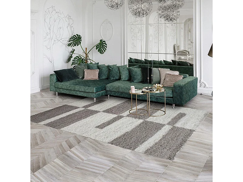 Tapis poils longs shaggy 80x250 rectangle tissé crème motif géométrique RECTAN