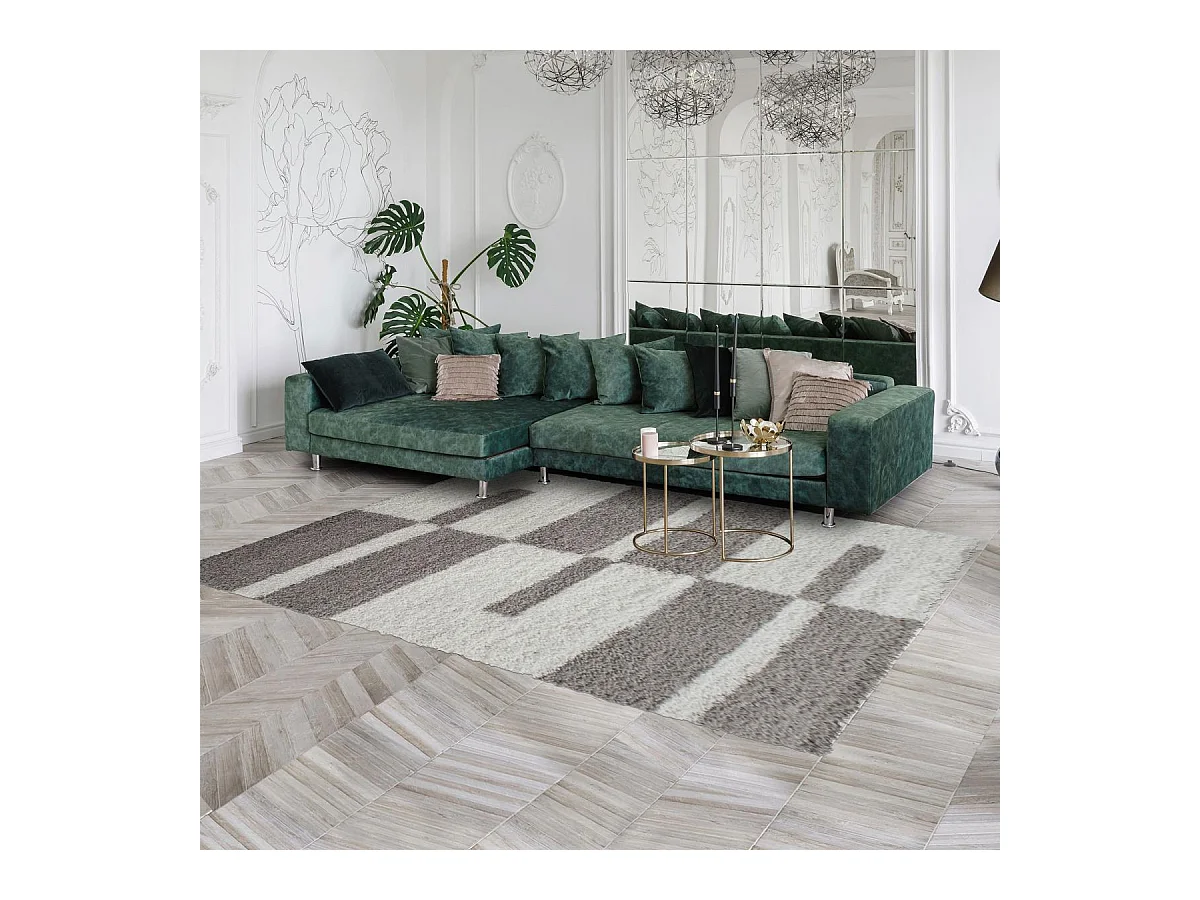 Tapis poils longs shaggy 80x250 rectangle tissé crème motif géométrique RECTAN