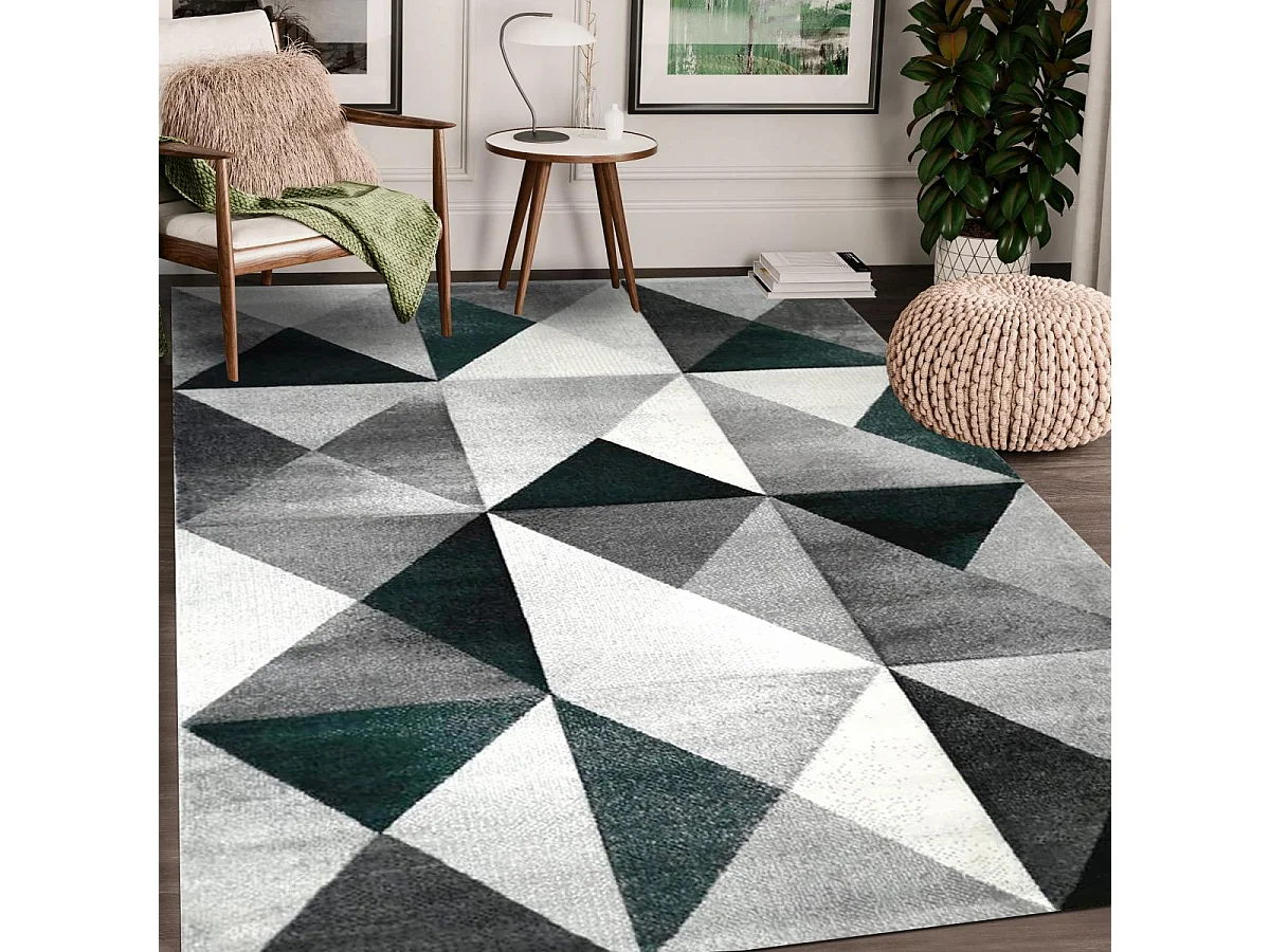 tapis chambre 120x170 tissé gris et vert rectangle motif géométrique LYN8 TRANDOU