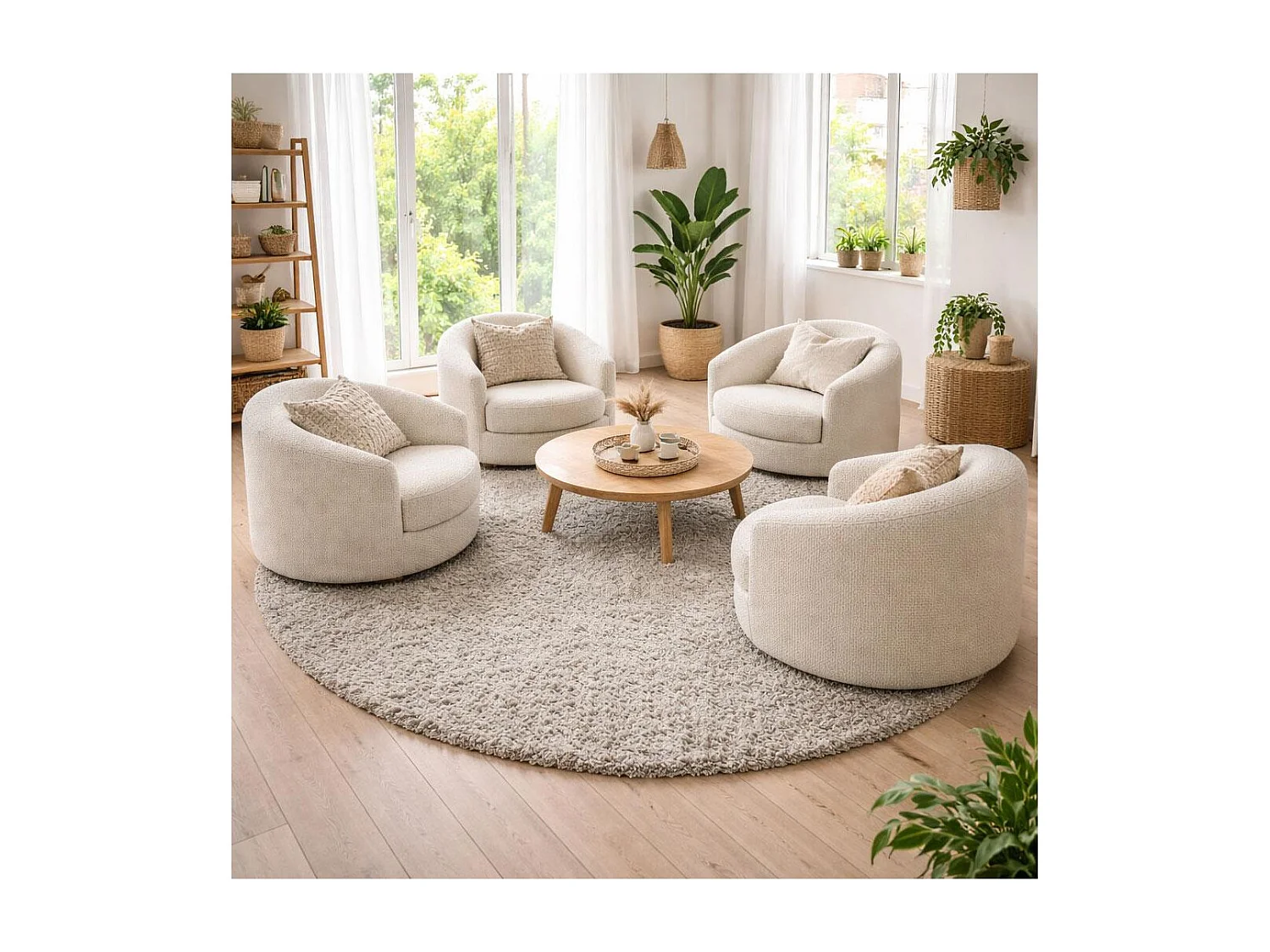 Tapis rond poils longs shaggy Ø200cm tissé beige motif uni UNI I