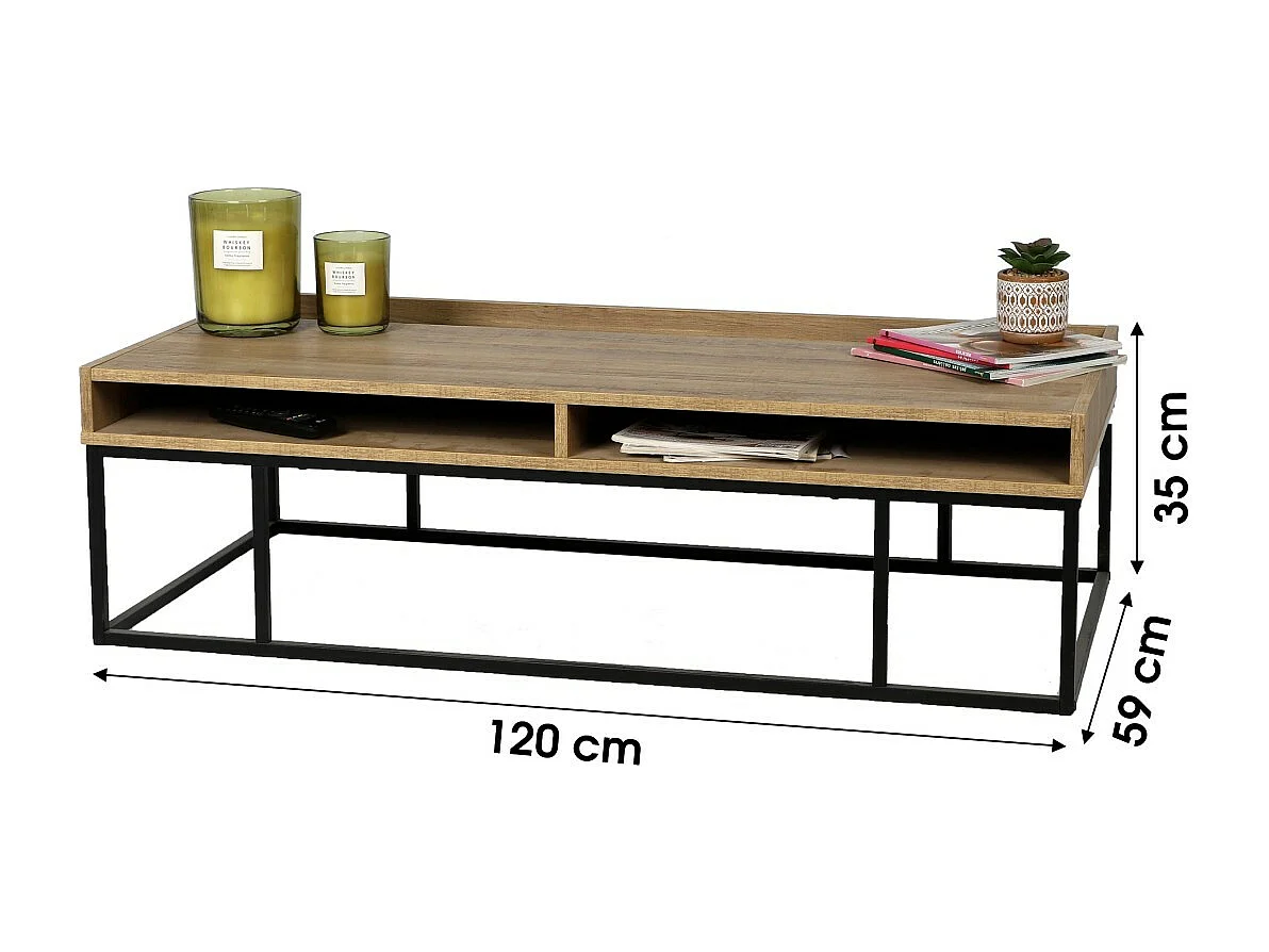 Table basse en bois avec deux niches – Coloris chêne et pieds en métal noir, dimensions 120x59xH35 cm - Collection Yochi
