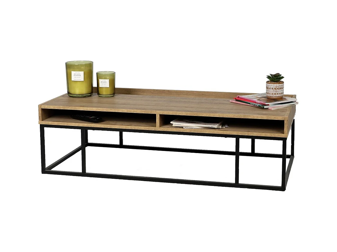Table basse en bois avec deux niches – Coloris chêne et pieds en métal noir, dimensions 120x59xH35 cm - Collection Yochi