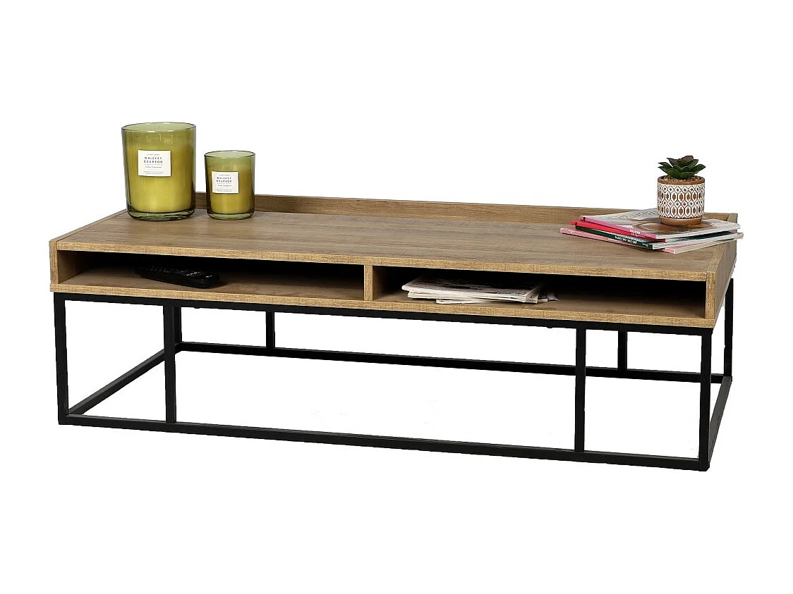 Holztisch mit zwei Fächern - Eichenfarbe und schwarze Metallbeine, Maße 120x59xH35 cm - Kollektion Yochi