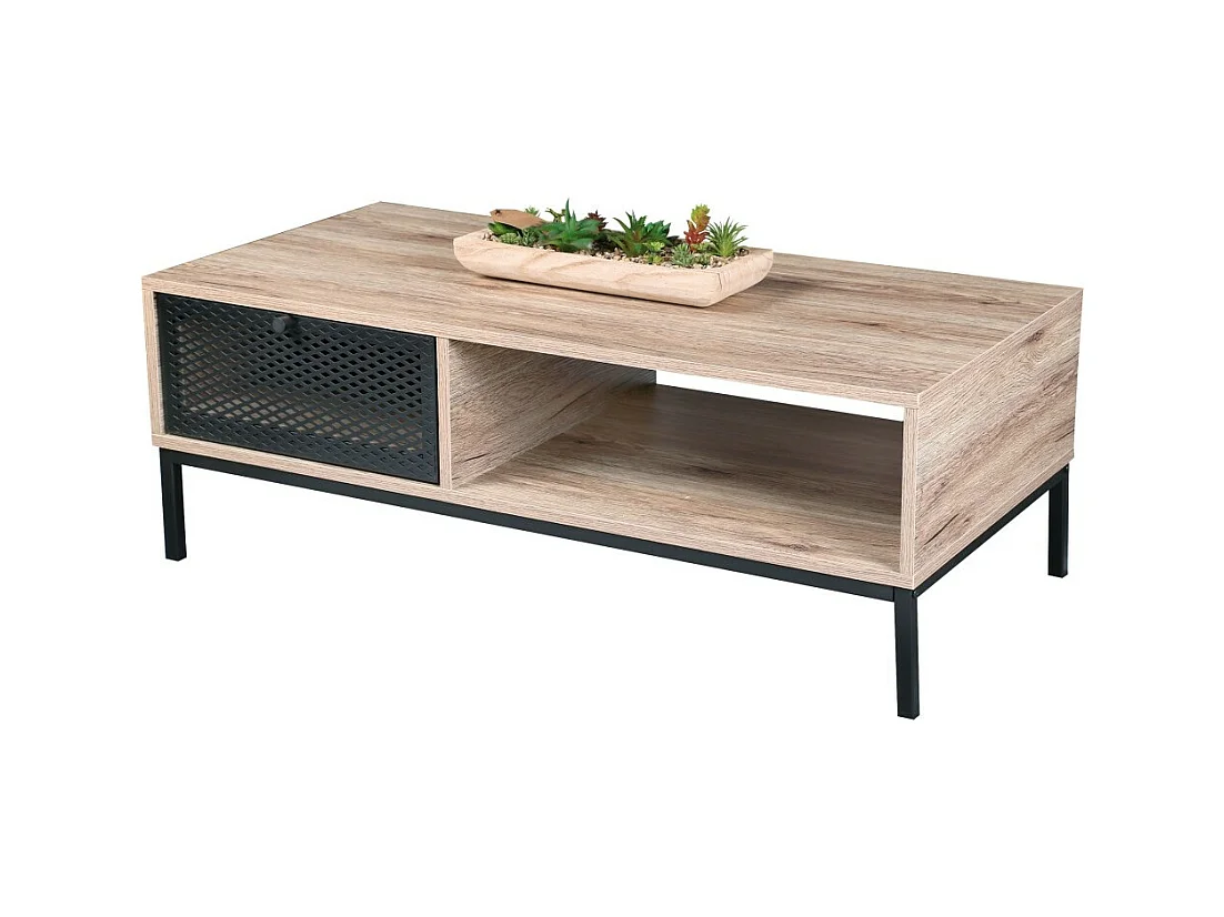 Table basse en bois avec un tiroir grillagé et une niche – dimensions 100x50xH36 cm – Collection METALIX