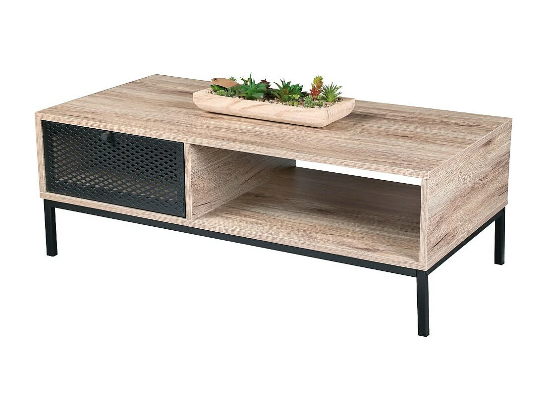 Table basse en bois avec un tiroir grillagé et une niche – dimensions 100x50xH36 cm – Collection METALIX