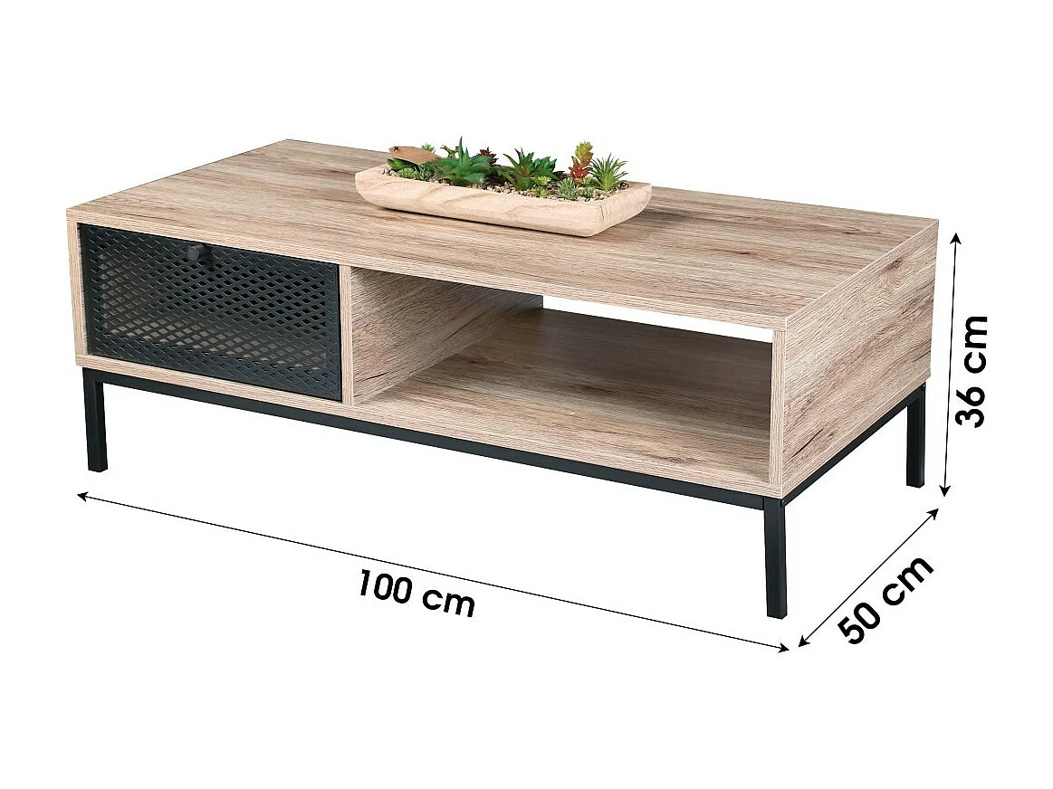 Table basse en bois avec un tiroir grillagé et une niche – dimensions 100x50xH36 cm – Collection METALIX