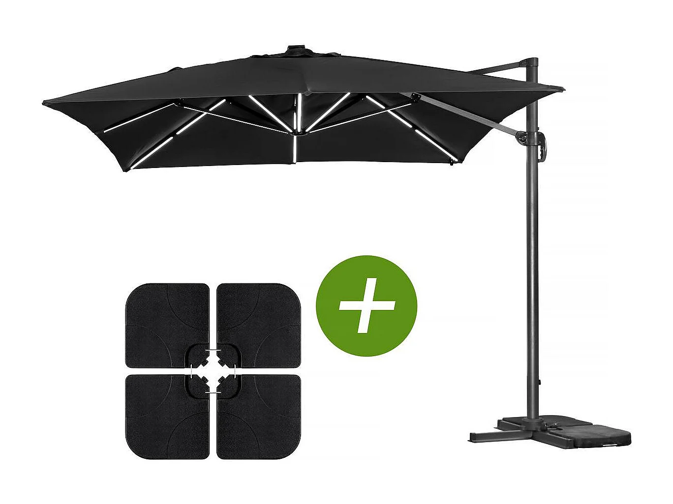 Parasol jardin déporté LED Alu "Sun 3 Luxe" - Carré - 3 x 3 m - Coloris Noir - Dalles lestées incluses