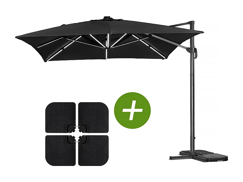 Parasol jardin déporté LED Alu "Sun 3 Luxe" - Carré - 3 x 3 m - Coloris Noir - Dalles lestées incluses
