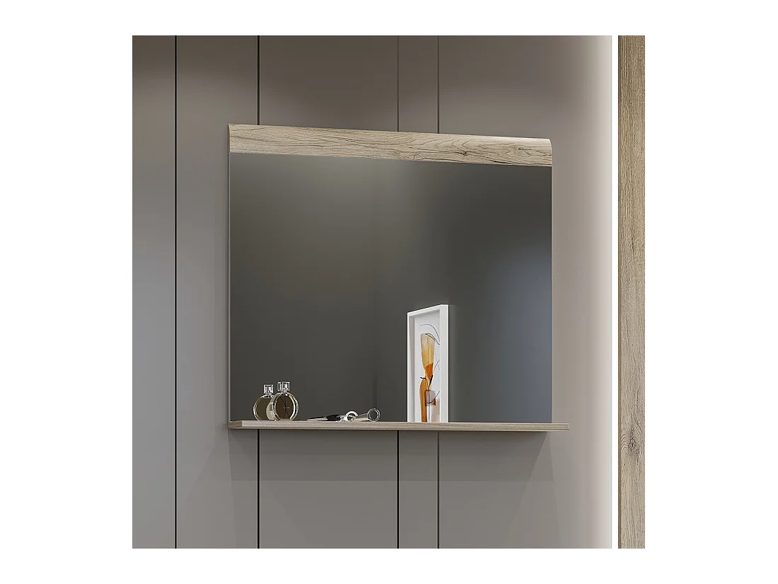 Grote design spiegel uit de OHIO collectie in lichte eikenkleur met geïntegreerde plank.