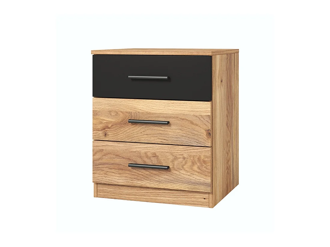 Chambre à coucher design collection EOS : Armoire, Lit 180x200, commode, chevets. Couleur chêne clair et noir