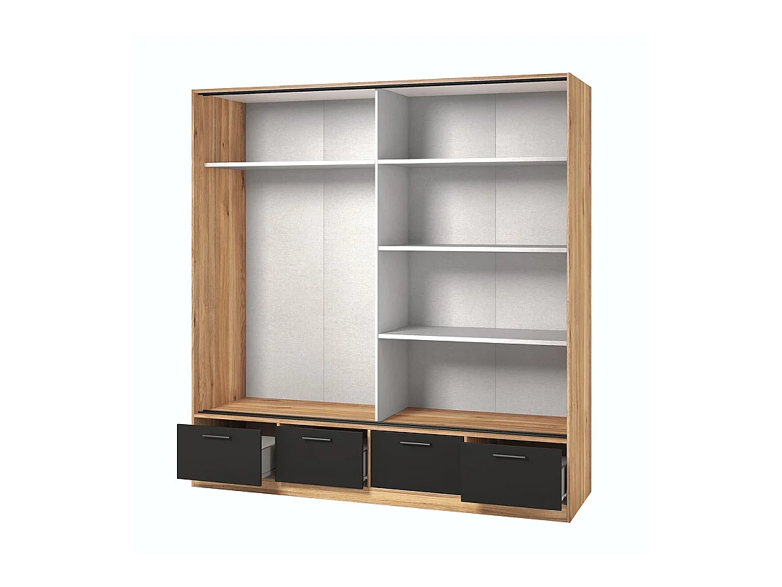 Chambre à coucher design collection EOS : Armoire, Lit 180x200, commode, chevets. Couleur chêne clair et noir