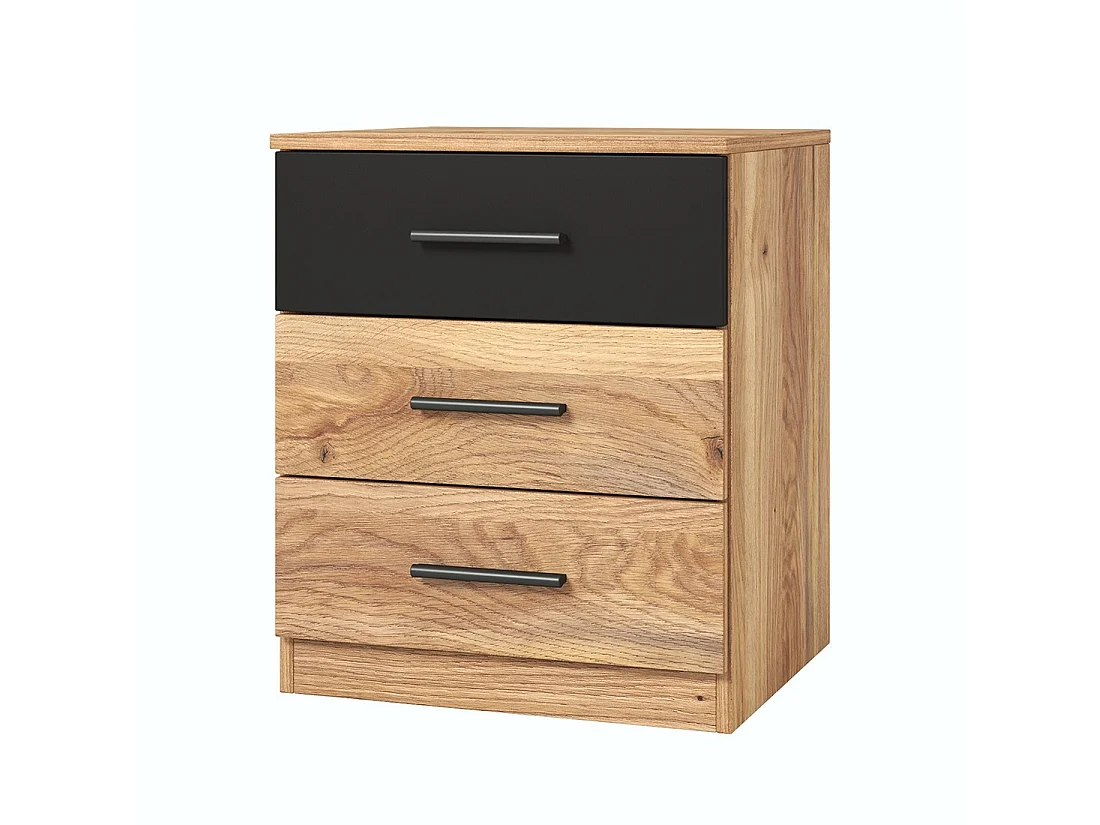 Slaapkamer design collectie EOS: Kast, Bed 180x200, dressoir, nachtkastjes. Kleur licht eiken en zwart.