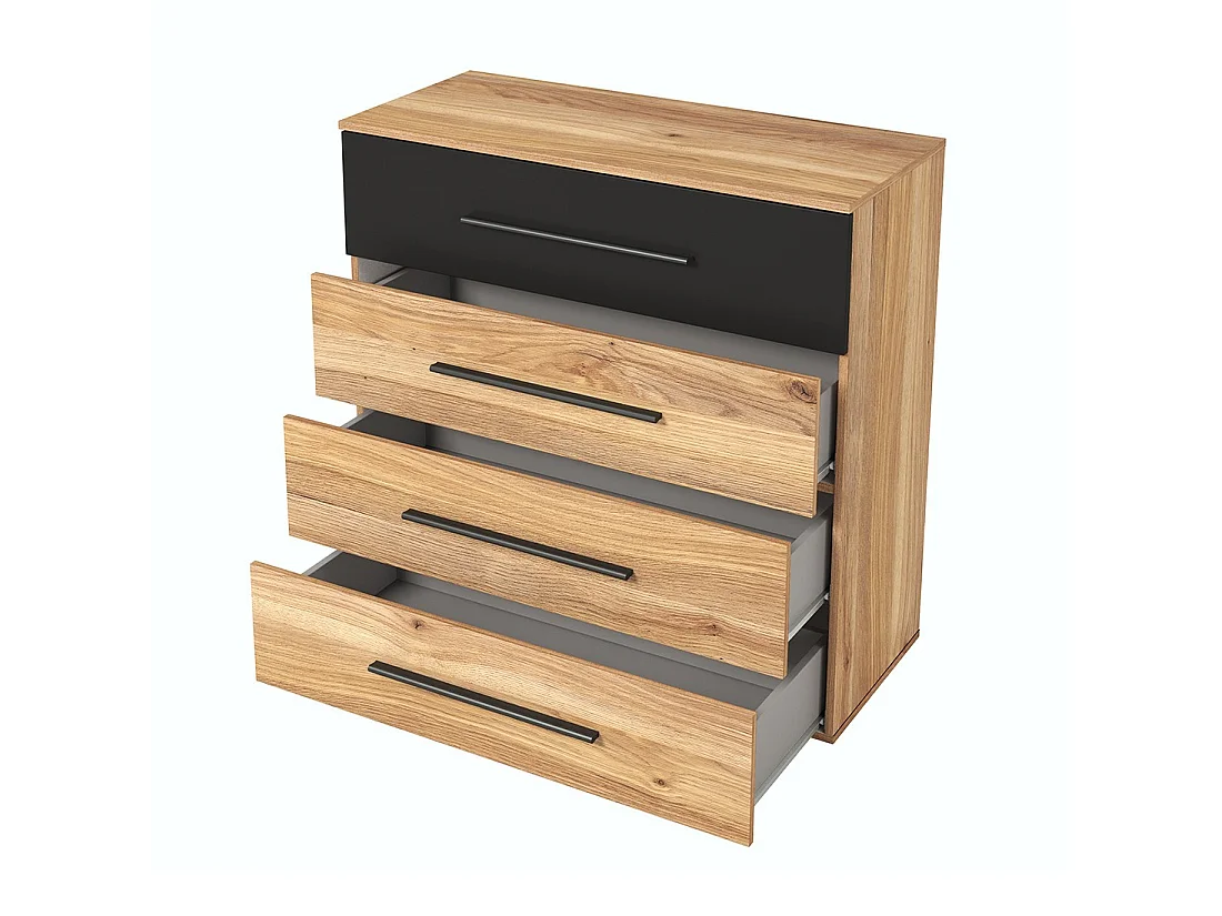 Slaapkamer design collectie EOS: Kast, Bed 180x200, dressoir, nachtkastjes. Kleur licht eiken en zwart.