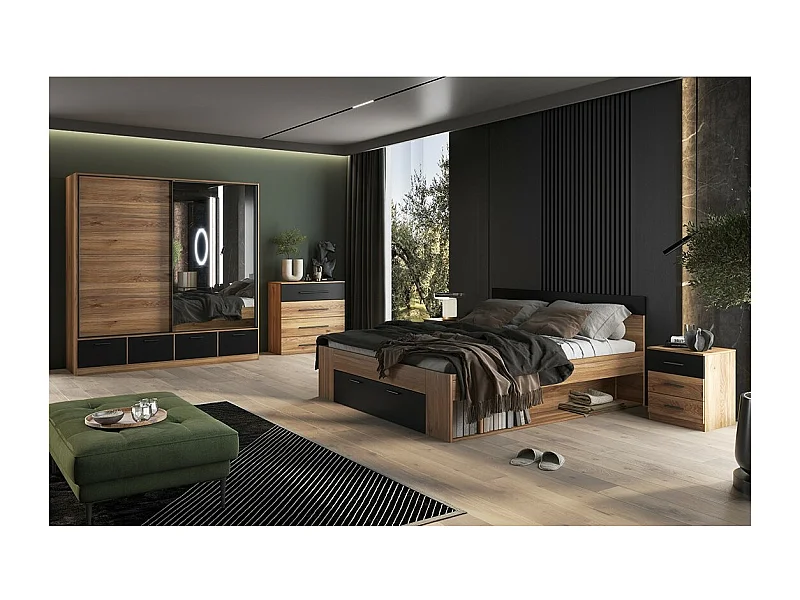 Chambre à coucher design collection EOS : Armoire, Lit 160x200, commode, chevets. Couleur chêne clair et noir