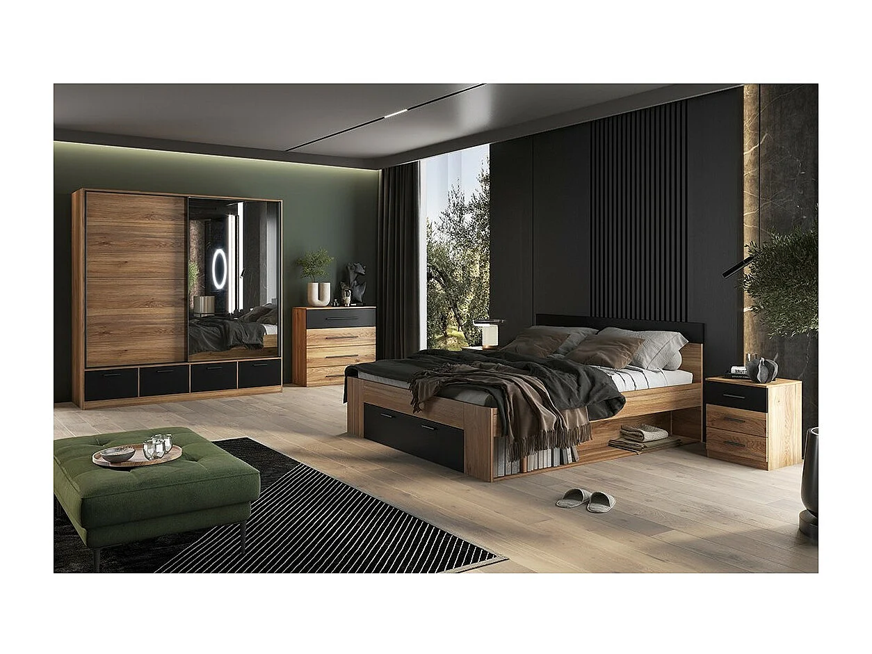 Chambre à coucher design collection EOS : Armoire, Lit 160x200, commode, chevets. Couleur chêne clair et noir