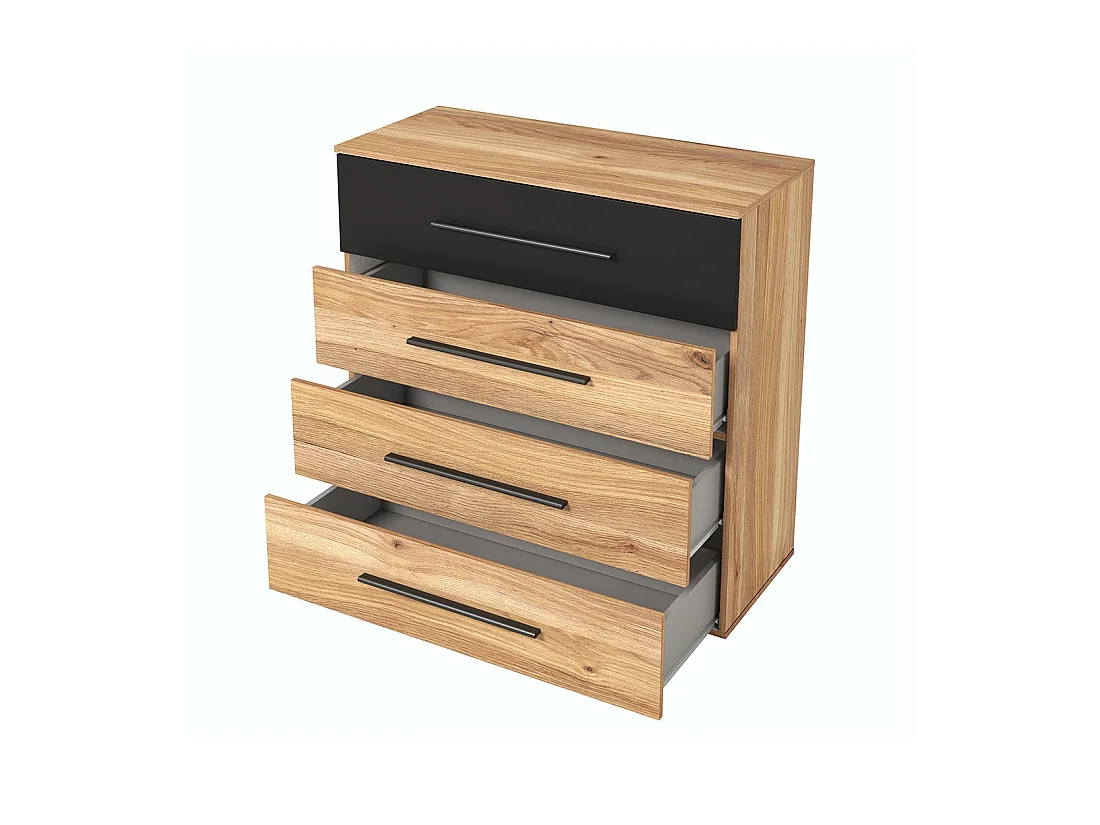 Chambre à coucher design collection EOS : Armoire, Lit 160x200, commode, chevets. Couleur chêne clair et noir