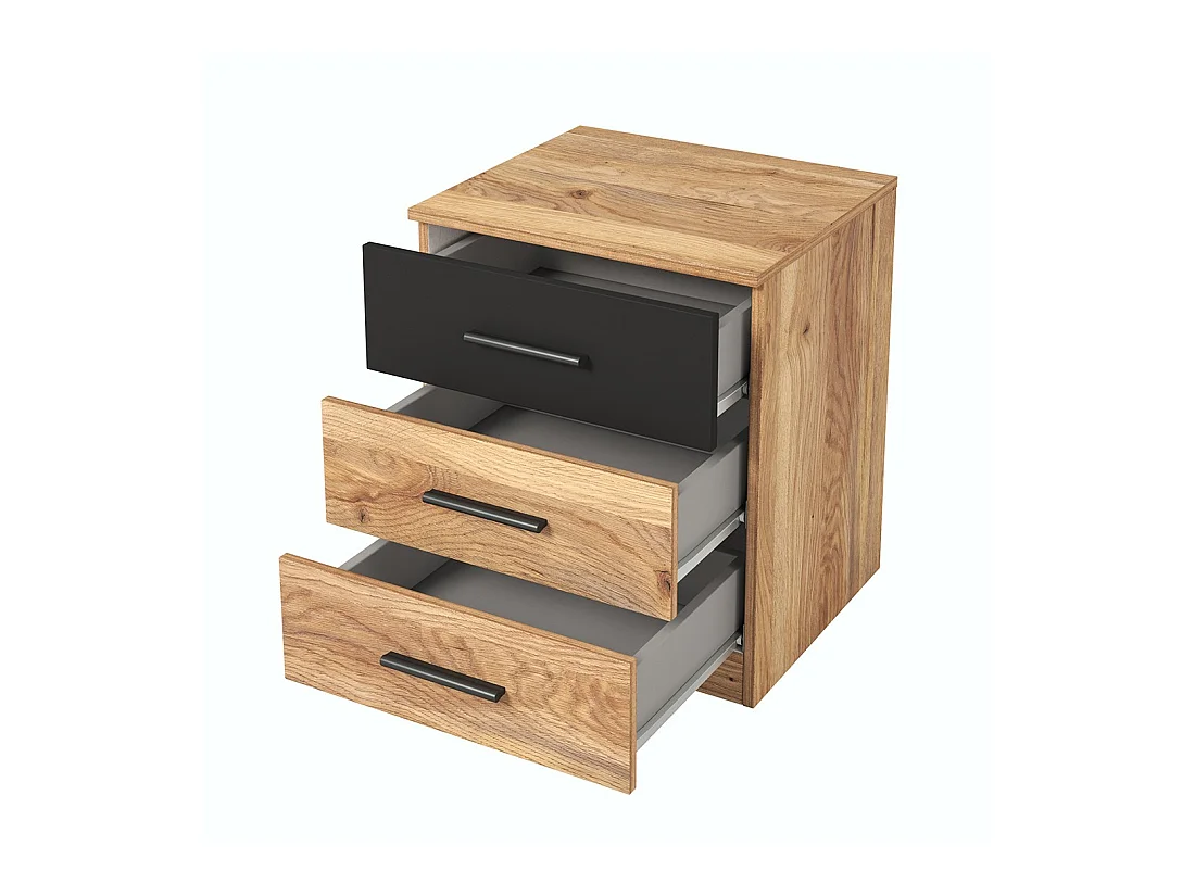 Chambre à coucher design collection EOS : Armoire, Lit 160x200, commode, chevets. Couleur chêne clair et noir