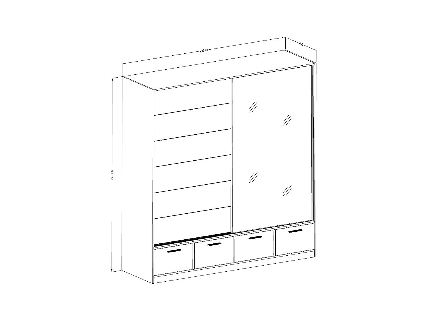 Chambre à coucher design collection EOS : Armoire, Lit 160x200, commode, chevets. Couleur chêne clair et noir