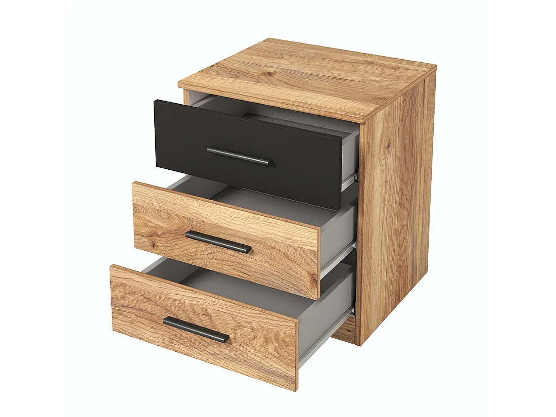 Chambre à coucher design collection EOS : Armoire, Lit 160x200, commode, chevets. Couleur chêne clair et noir